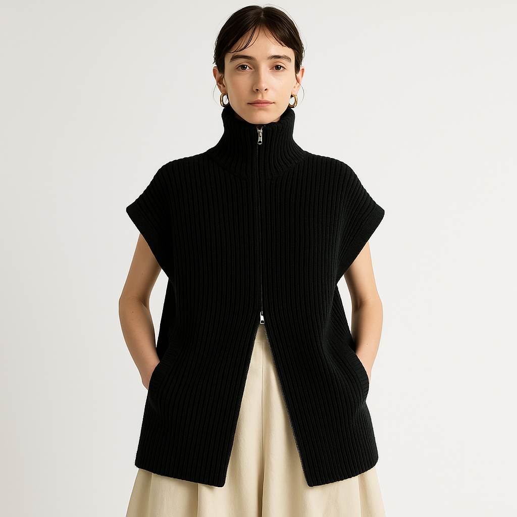 Gilet Zippé Sans Manches | Maille Côtelée | Look Minimaliste Structuré