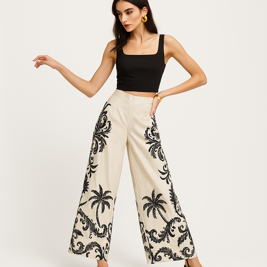 Pantalon Large Imprimé Tropical | Taille Haute | Léger et Chic