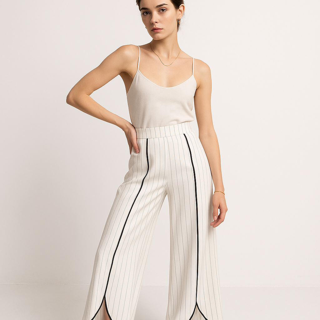 Pantalon Large Rayé | Ourlet Arrondi Contrasté | Graphique & Élégant