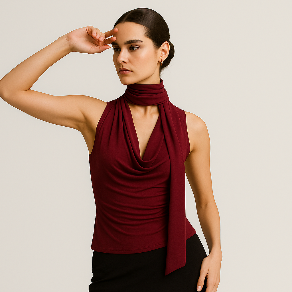 Top Drapé Sans Manches | Col Foulard Intégré | Coupe Ajustée Fluide