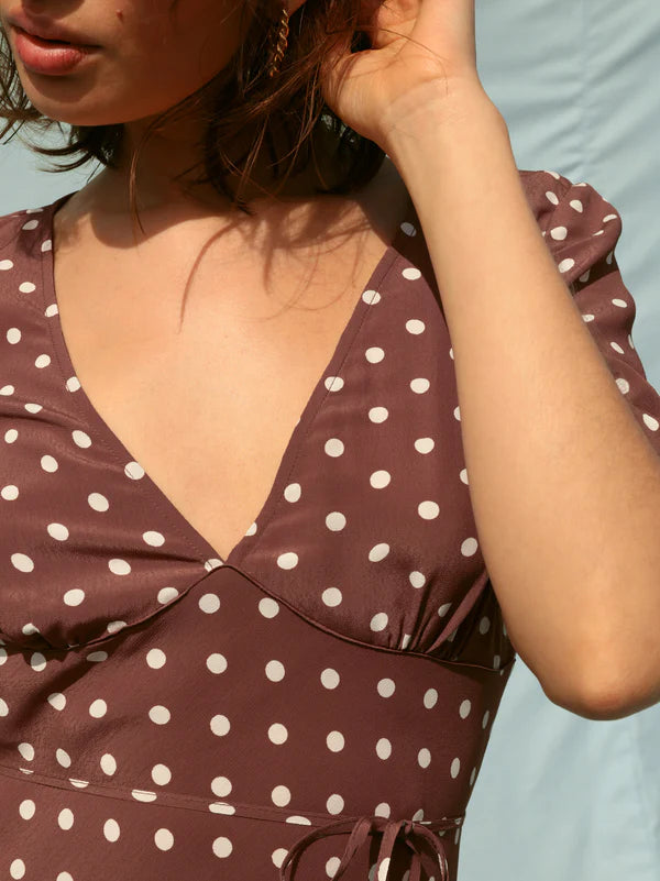 Robe A Pois Marron Vintage | Rétro & Féminine | Printemps & Quotidien | Tissu Fluide