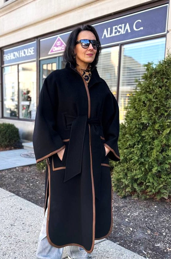 Cape Femme | Laine Vierge Et Cachemire | Kimono Long Avec Détails Contrastés Pour Hiver Élégant