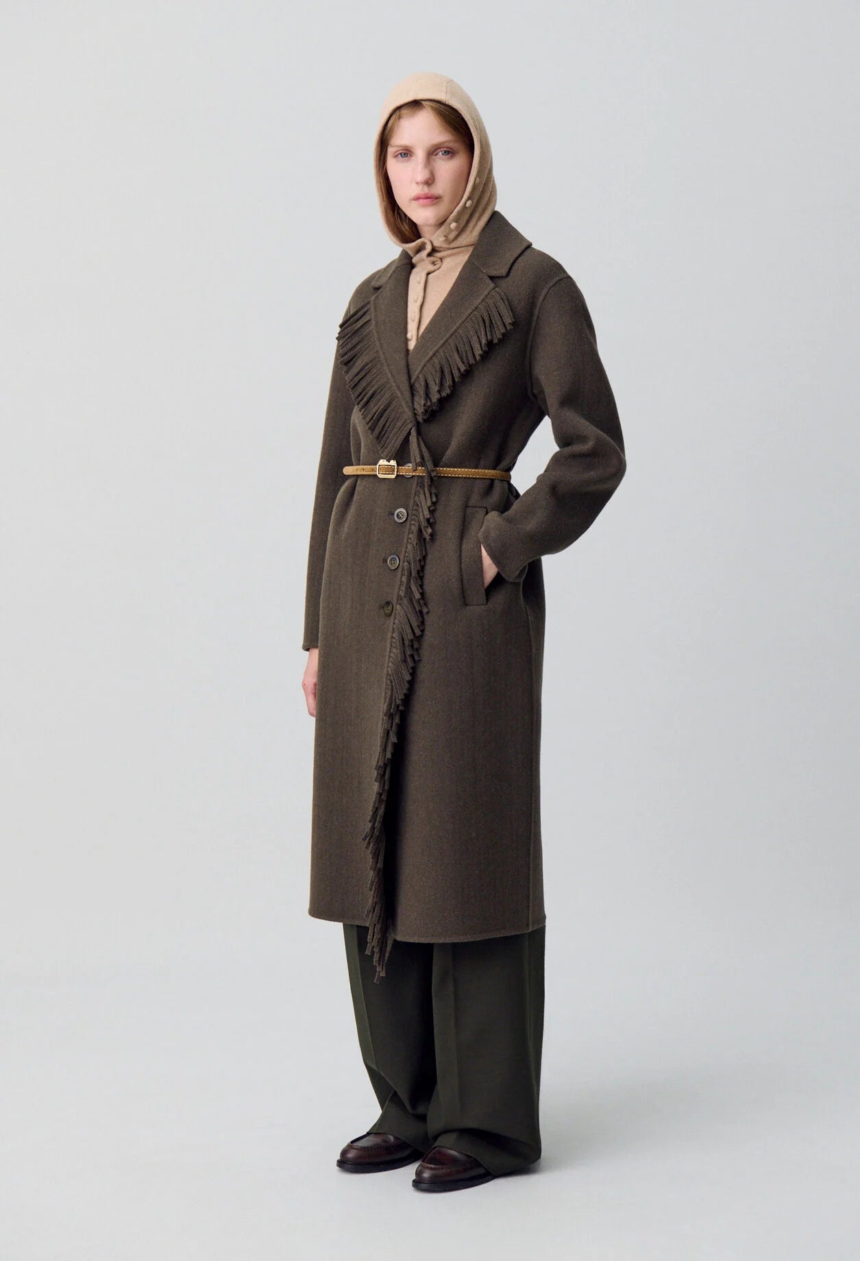 Manteau Femme | Long Et Ceinturé | En Laine Avec Franges Élégantes