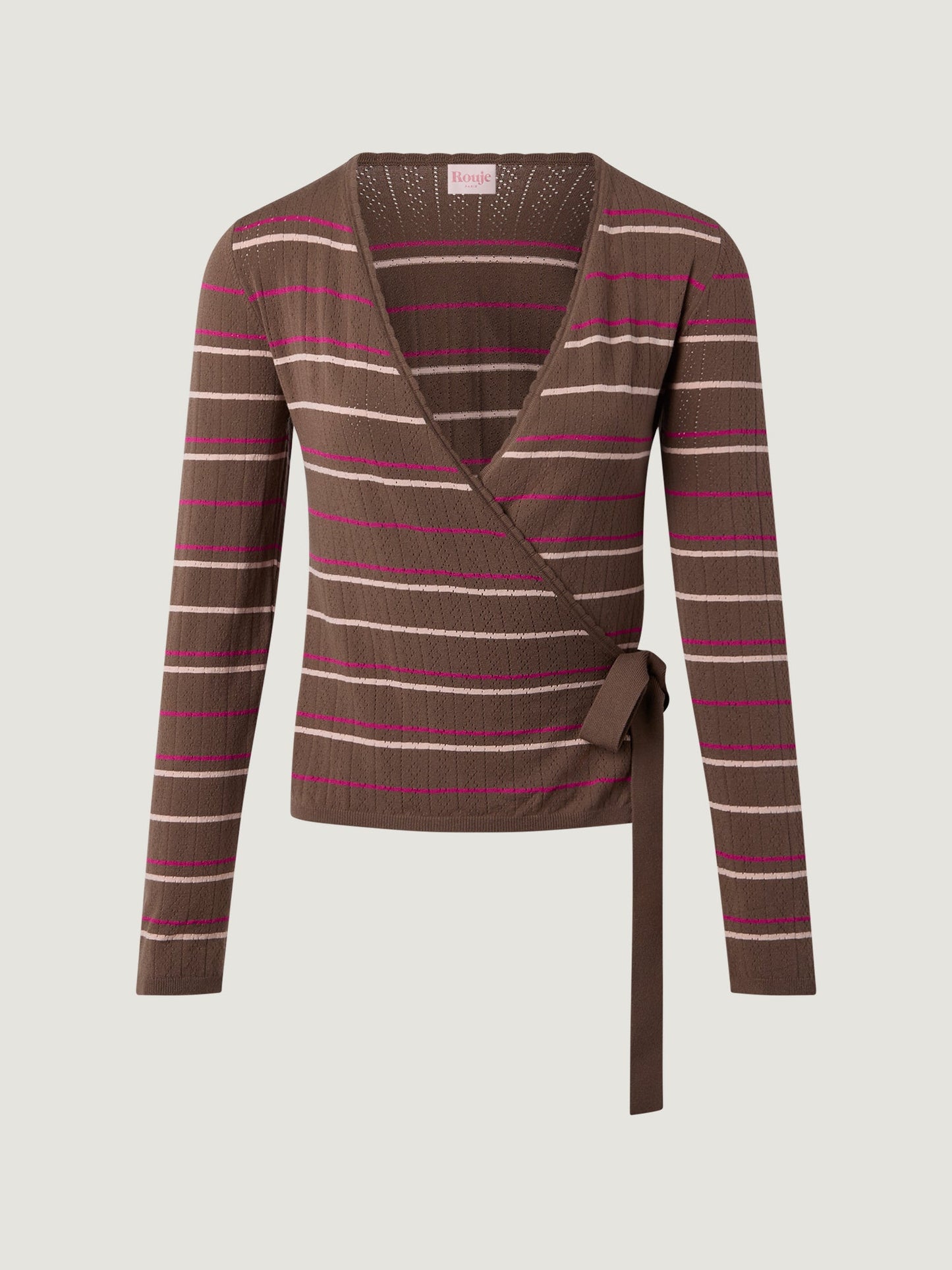 Cardigan Cache-Cœur | Rayé Marron Avec Ceinture | Féminin Et Confortable | Idéal Pour La Mi-Saison