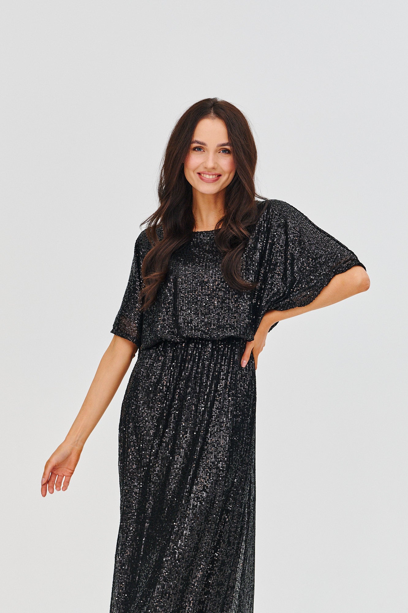 Robe Longue Femme | Tissu Pailleté Fluide | Taille Élastiquée Et Manches Amples | Parfaite Pour Les Soirées Et Événements Chic