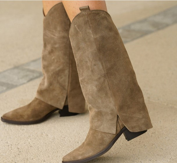 Bottes Femme | Cuir Véritable | Style Western | Marron Taupe Élégant