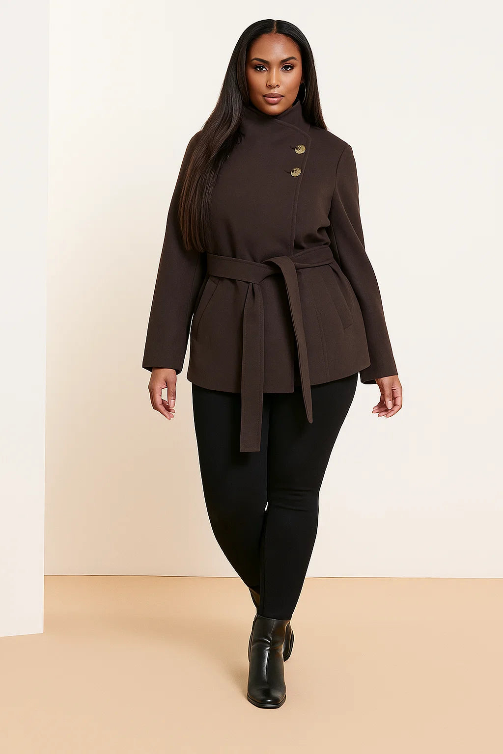 Manteau Femme | Col Montant Élégant | Ceinturé Et Chaud | Parfait Pour l’Hiver En Ville