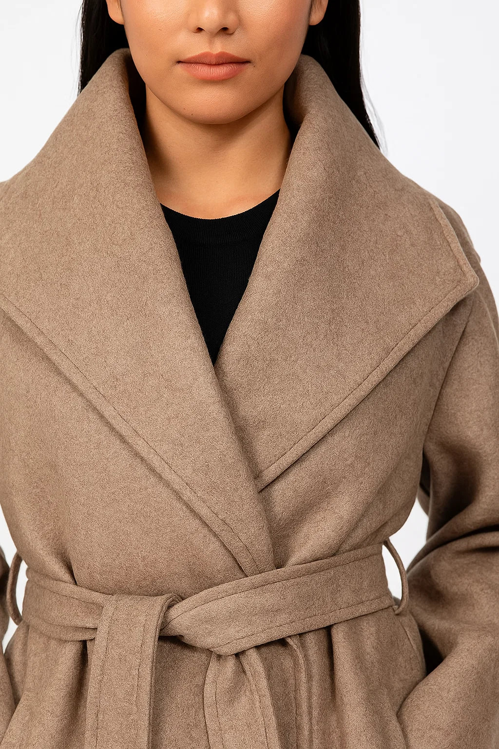 Manteau Femme | Col Large Drapé & Ceinture | Mélange Laine Et Polyester | Idéal Pour Un Look d’Hiver Élégant