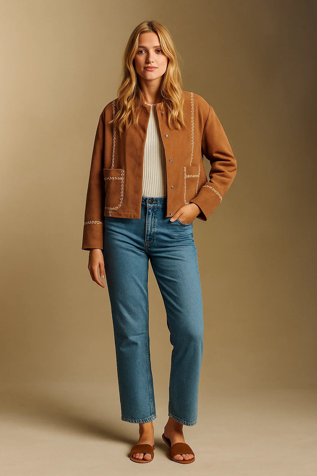 Veste Femme En Cuir | Cuir De Chèvre Suédé Avec Broderies | Esprit Western Chic