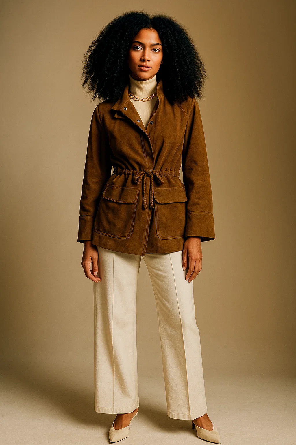 Veste Femme | Cuir Suédé | Cuir De Chèvre Ceinturé Style Saharienne