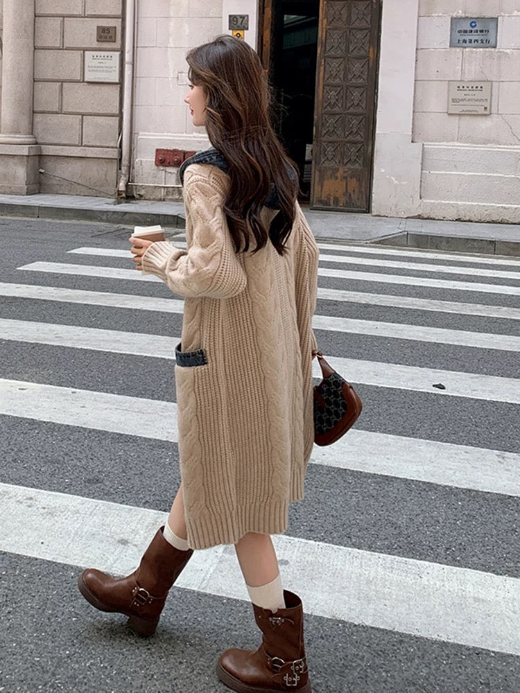 Cardigan Long Femme | Maille Torsadée Confortable | Poches Contrastées | Parfait Pour L’Automne Et Les Looks Décontractés