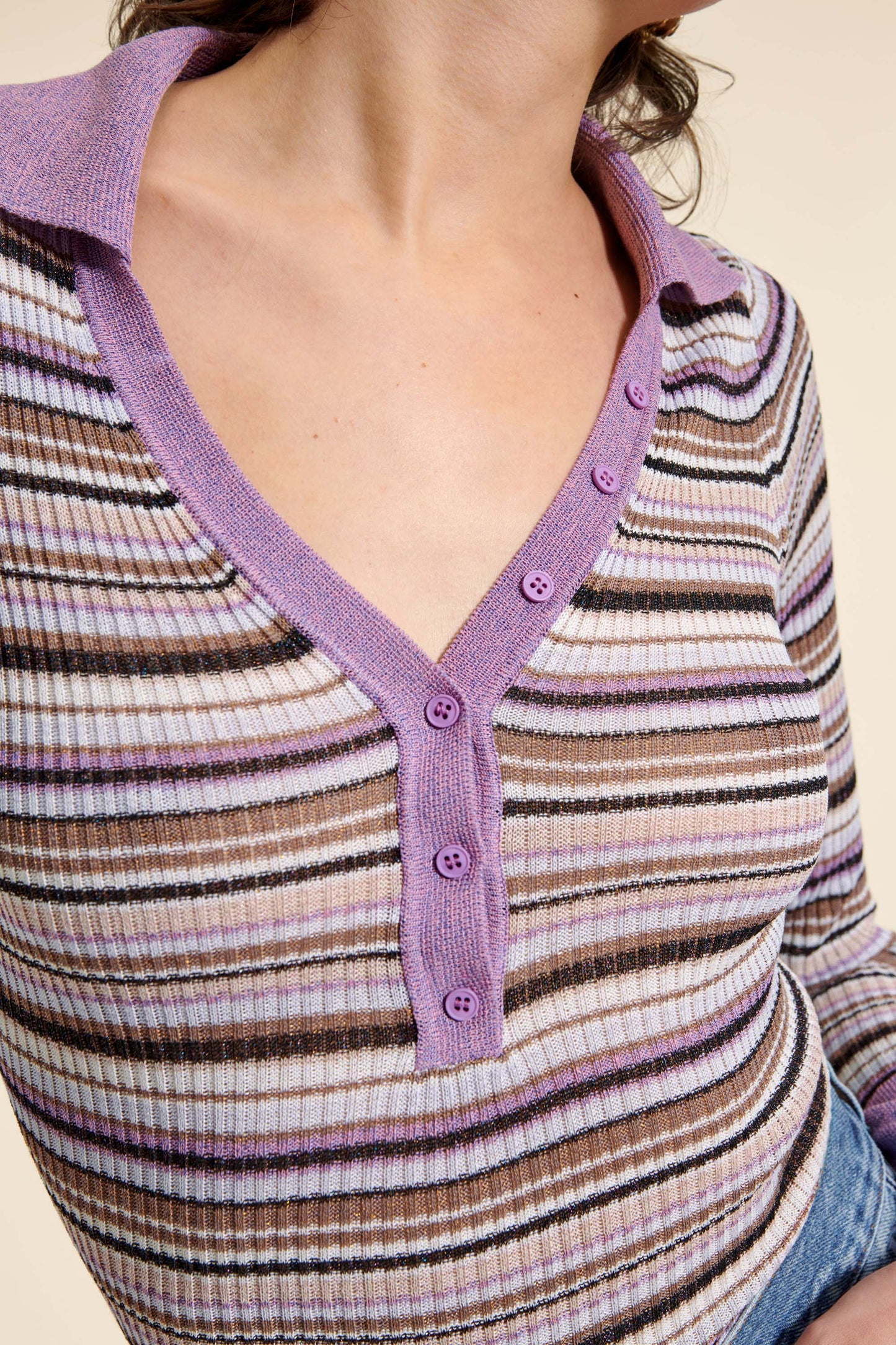 Top | Rayé Avec Col Polo Violet | Confortable Et Tendance | Pour Un Look Décontracté Chic
