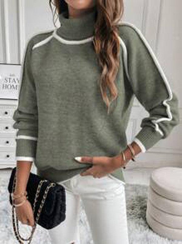 Sweater Femme | Mélange Coton-Acrylique Doublé Polaire | Col Montant Et Détails Contrastés | Parfait Pour Les Journées Froides