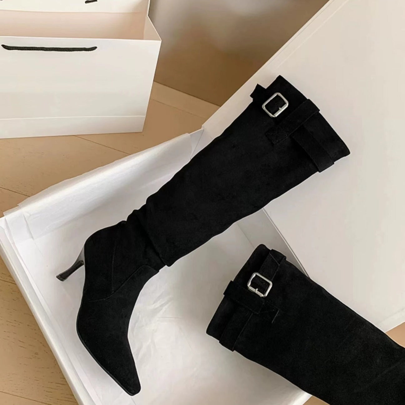 Bottes Hautes Femme | Talon Fin Élégant | Effet Suédé Doux | Pour L’Hiver Et Les Looks Habillés