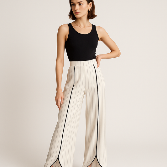 Pantalon Large Rayé | Ourlet Arrondi Contrasté | Graphique & Élégant