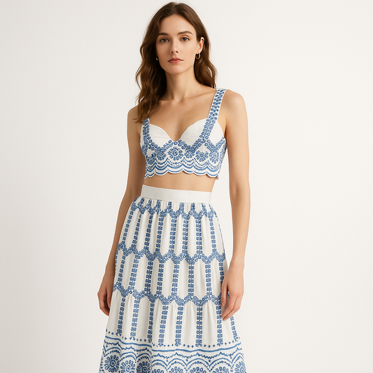 Ensemble Brodé Méditerranéen | Crop Top Structuré & Jupe Midi | 100% Coton
