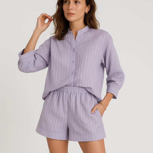 Ensemble Rayé Décontracté | Chemise Oversize & Short | 100% Coton Léger