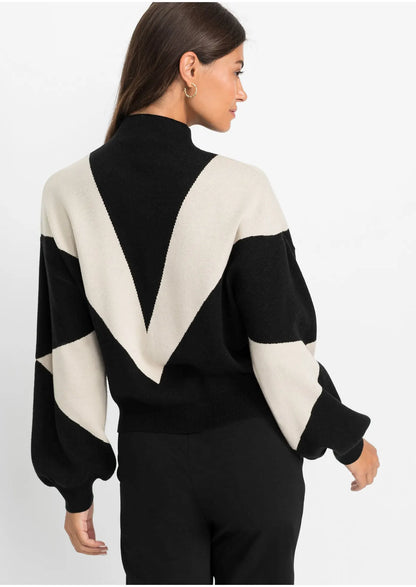 Pull Femme | Col Montant Et Motif Bicolore | Idéal Pour Un Look Chic Et Tendance