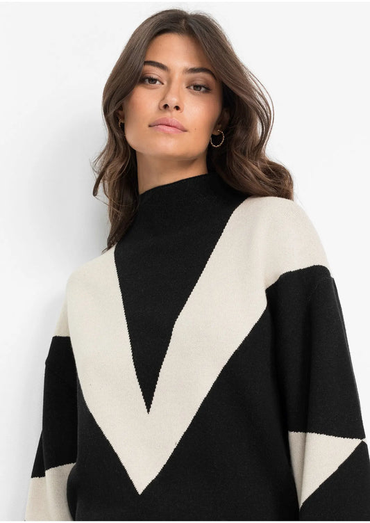 Pull Femme | Col Montant Et Motif Bicolore | Idéal Pour Un Look Chic Et Tendance