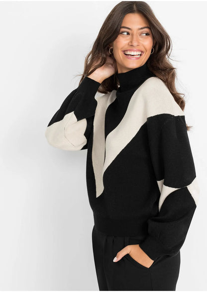 Pull Femme | Col Montant Et Motif Bicolore | Idéal Pour Un Look Chic Et Tendance