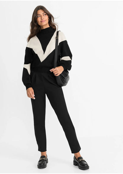 Pull Femme | Col Montant Et Motif Bicolore | Idéal Pour Un Look Chic Et Tendance