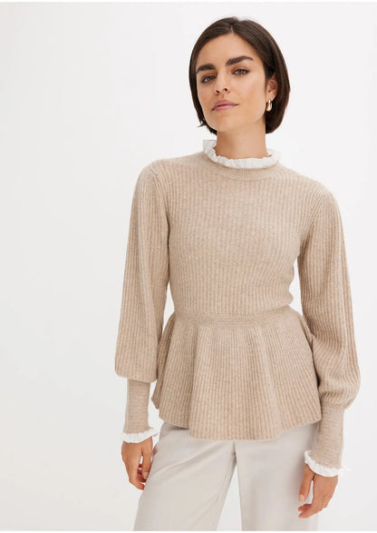 Pull Femme | Col Volanté & Coupe Basque | Polyester Recyclé | Élégant Et Féminin Pour La Saison