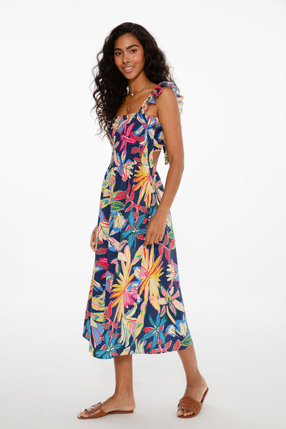 Robe En Coton | Imprimé Tropical Coloré | Épaules Dénudées Et Coupe Midi | Parfaite Pour L’Été Et Les Vacances Au Soleil