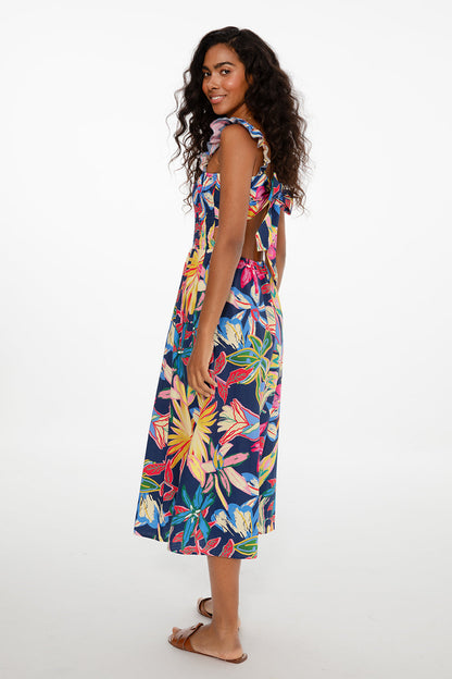 Robe En Coton | Imprimé Tropical Coloré | Épaules Dénudées Et Coupe Midi | Parfaite Pour L’Été Et Les Vacances Au Soleil