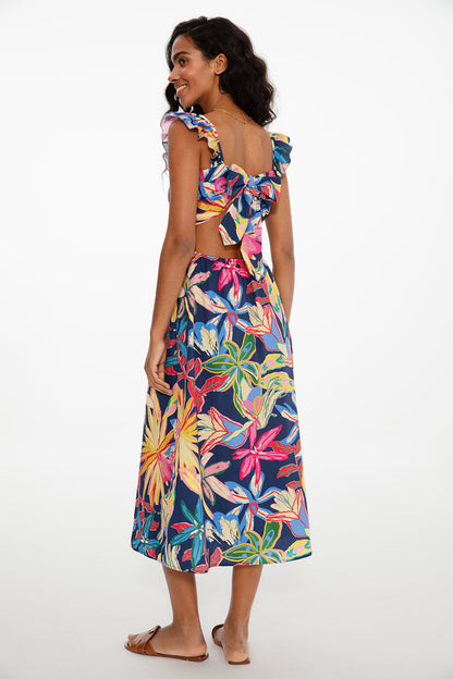 Robe En Coton | Imprimé Tropical Coloré | Épaules Dénudées Et Coupe Midi | Parfaite Pour L’Été Et Les Vacances Au Soleil