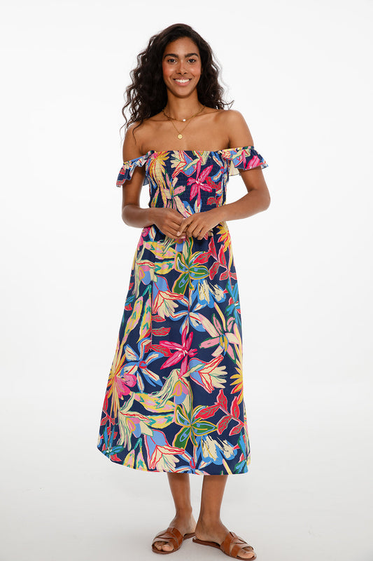 Robe En Coton | Imprimé Tropical Coloré | Épaules Dénudées Et Coupe Midi | Parfaite Pour L’Été Et Les Vacances Au Soleil