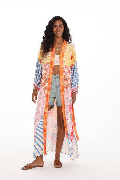 Kimono En Viscose | Long Et Fluide | Imprimé Graphique Coloré | Parfait Pour La Plage Et Les Looks D’Été Décontractés