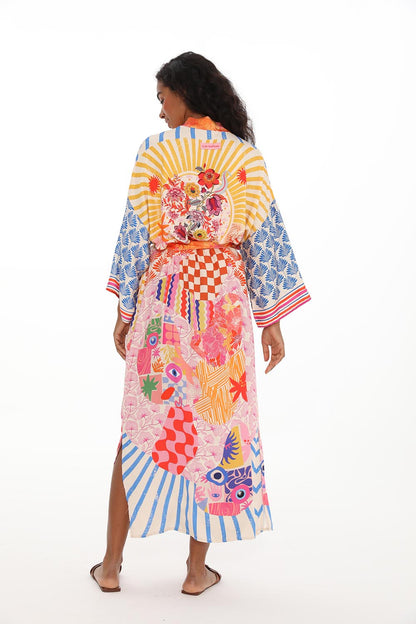 Kimono En Viscose | Long Et Fluide | Imprimé Graphique Coloré | Parfait Pour La Plage Et Les Looks D’Été Décontractés