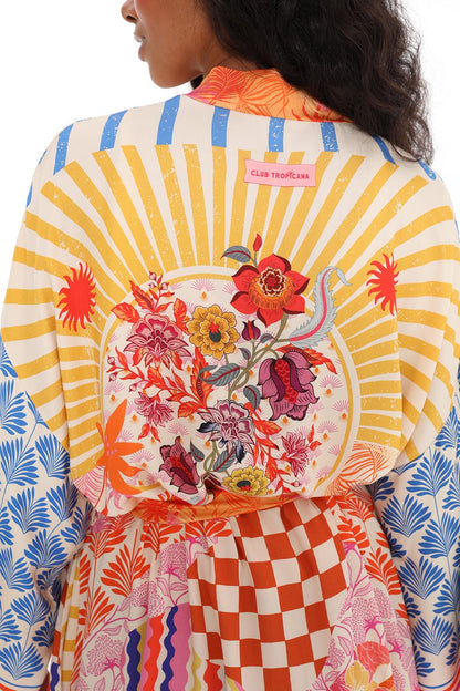 Kimono En Viscose | Long Et Fluide | Imprimé Graphique Coloré | Parfait Pour La Plage Et Les Looks D’Été Décontractés