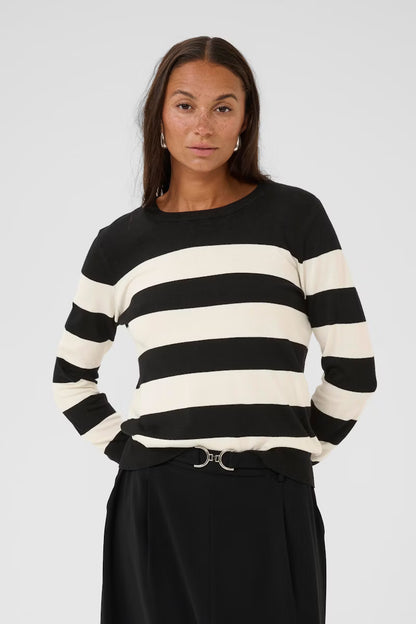 Pull Femme Rayé Noir Et Écru | Col Rond | Maille Légère Et Douce | Look Moderne Et Décontracté