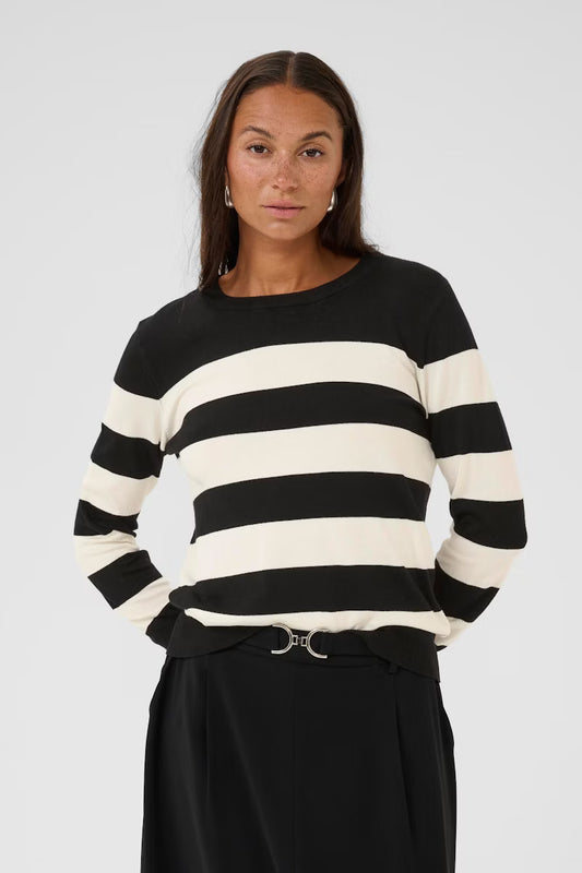 Pull Femme Rayé Noir Et Écru | Col Rond | Maille Légère Et Douce | Look Moderne Et Décontracté