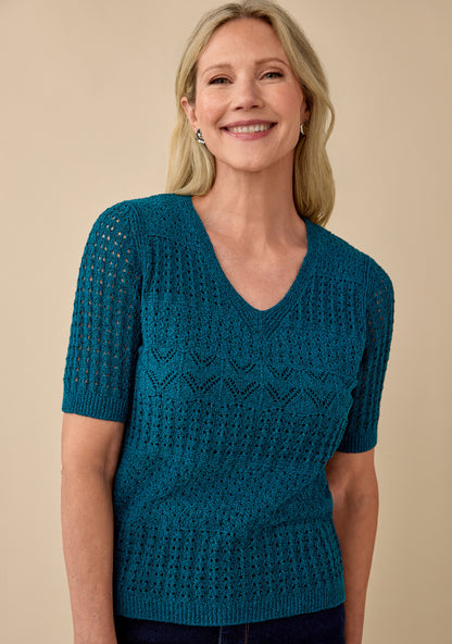 Haut Femme Maille Ajourée | Encolure V Élégante | Confort Coton-Polyester