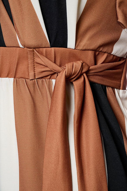 Robe En Polyester | Rayures Verticales Flatteuses | Ceinture À Nouer Et Manches Amples | Parfaite Pour L’Été Et Les Soirées