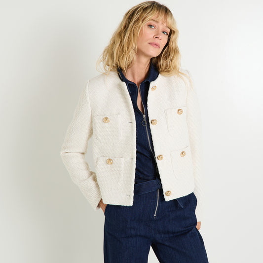 Veste Femme | Courte Et Élégante | Effet Tweed Structuré Avec Boutons Dorés