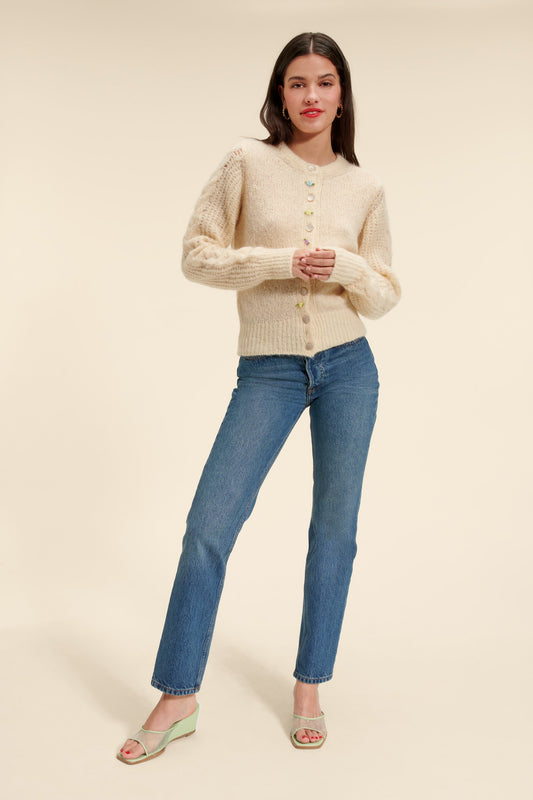 Cardigan | Écru En Maille Avec Boutons Colorés | Doux Et Original | Pour La Mi-Saison