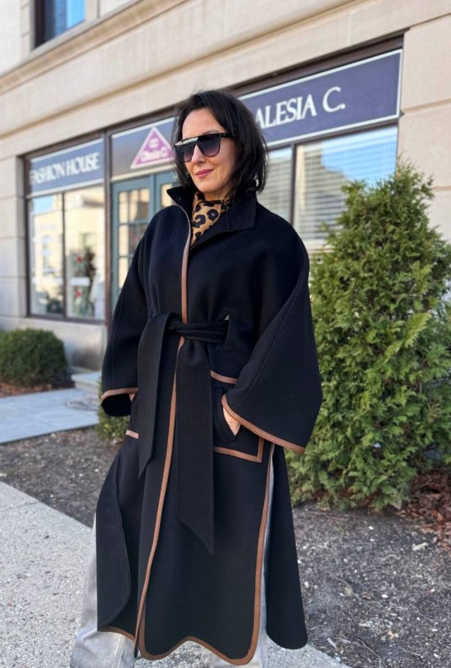 Cape Femme | Laine Vierge Et Cachemire | Kimono Long Avec Détails Contrastés Pour Hiver Élégant