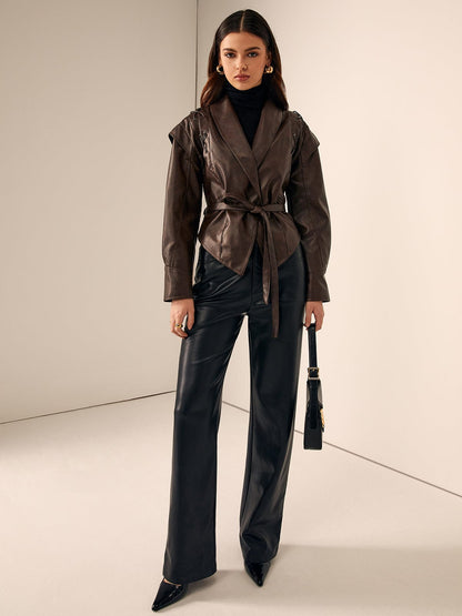 Blazer Femme | Cuir Synthétique Haut De Gamme | Ceinturé Et Élégant | Parfait Pour Un Look Structuré Et Raffiné