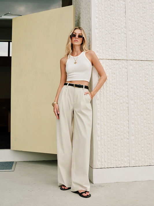 Pantalon taille moyenne en coton et lin