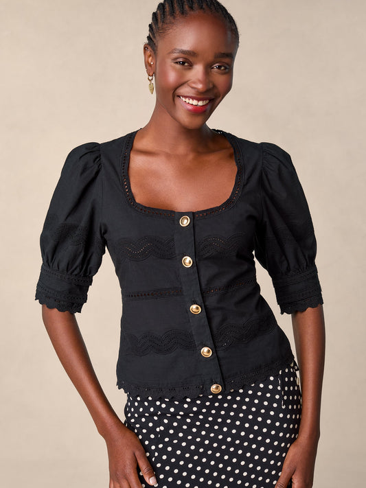 Blouse Noire Cintrée | Boutons Dorés & Manches Bouffantes | Élégante pour le Jour comme le Soir