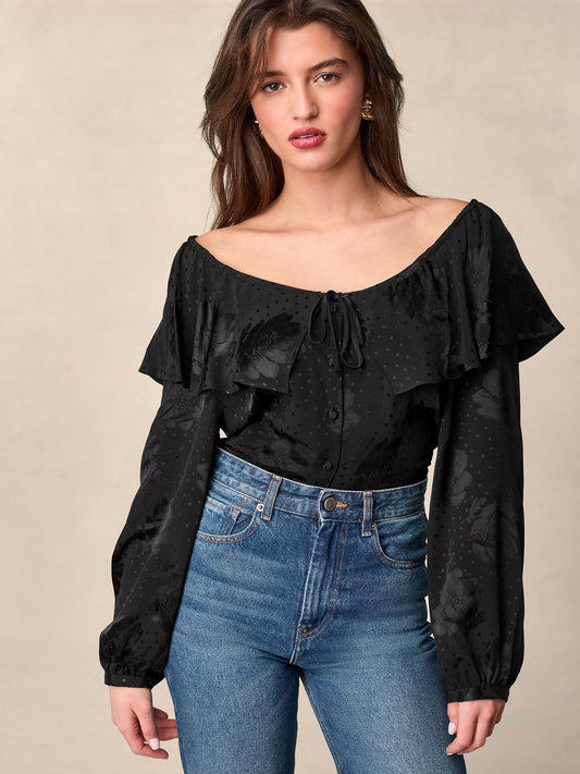 Top Noir Élégant | Volants & Fluide | Soirées & Dîners Romantiques