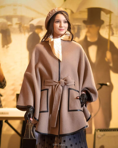 Cape Poncho Femme | Laine Et Cachemire | Kimono Court Élégant Avec Finition Contrastée