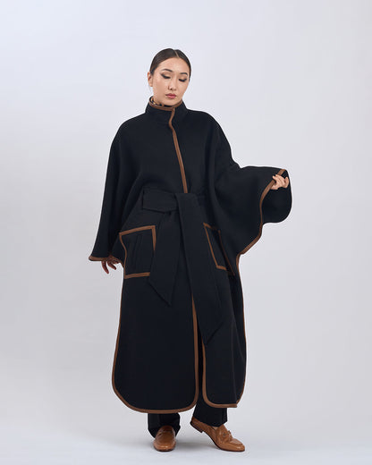 Cape Femme | Laine Vierge Et Cachemire | Kimono Long Avec Détails Contrastés Pour Hiver Élégant