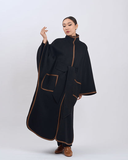 Cape Femme | Laine Vierge Et Cachemire | Kimono Long Avec Détails Contrastés Pour Hiver Élégant