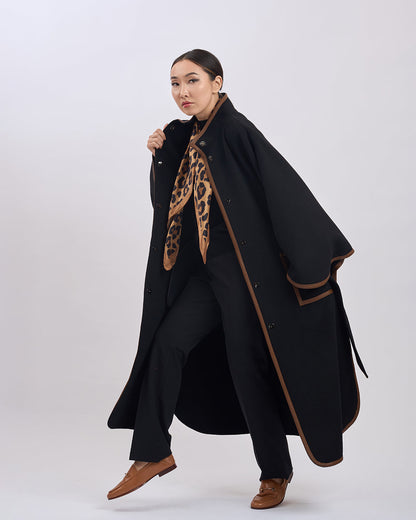 Cape Femme | Laine Vierge Et Cachemire | Kimono Long Avec Détails Contrastés Pour Hiver Élégant