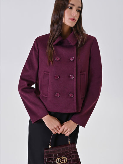 Manteau Court Prune à Double Boutonnage