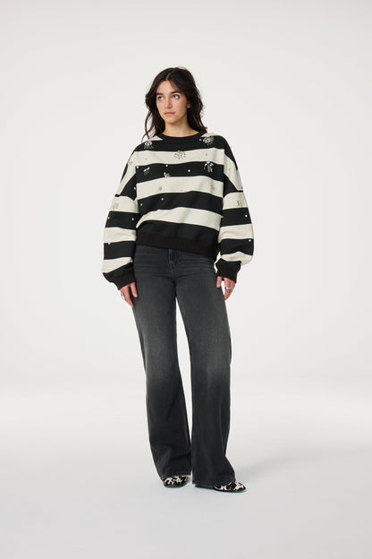 Sweater En Coton Biologique | Rayures Noires Et Blanches | Coupe Ample Et Manches Bouffantes | Parfait Pour Un Look Décontracté